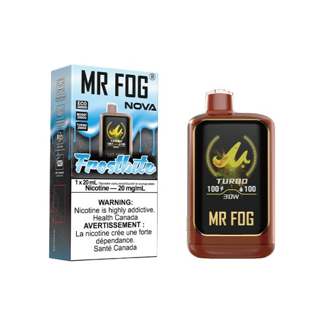 Mr. Fog Nova 36K Frostbite 20MG disposable vape device with box in white background