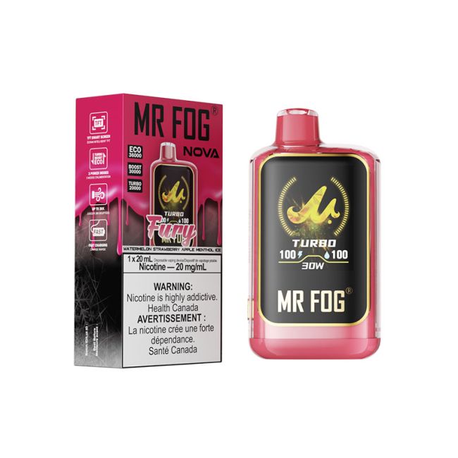 Mr. Fog Nova 36K Fury 20MG disposable vape device with box in white background